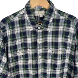 J. Crew Mens Plaid Flannel Long Sleeve Button Up Shirt Large Green Navy Holiday